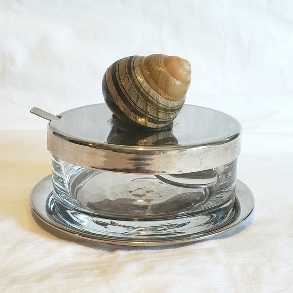 None Other - VTG Blown Glass Condiment/Sauce Bowl Metal Lid Spoon Underplate Shell Knob Italy